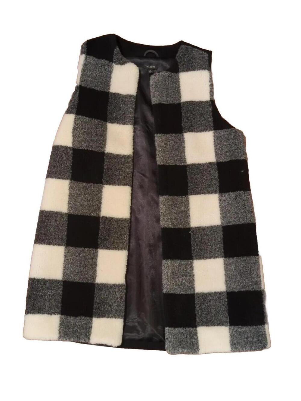S Talbots Buffalo Plaid Vest Black & White Long Buffalo Plaid Womens Faux Fur